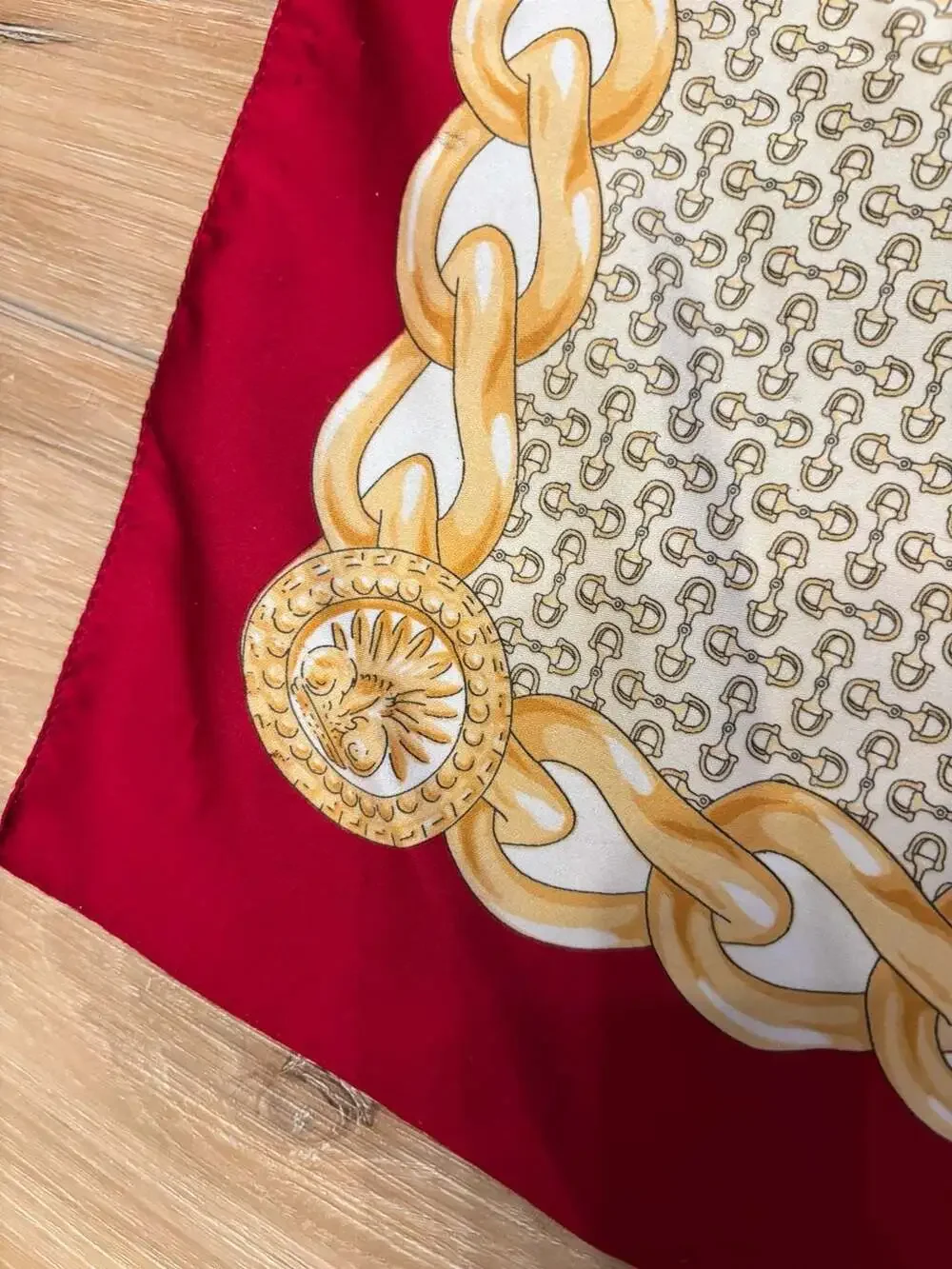 Vintage Luxury Style Square Silk Scarf Gold Chain Equestrian Motif